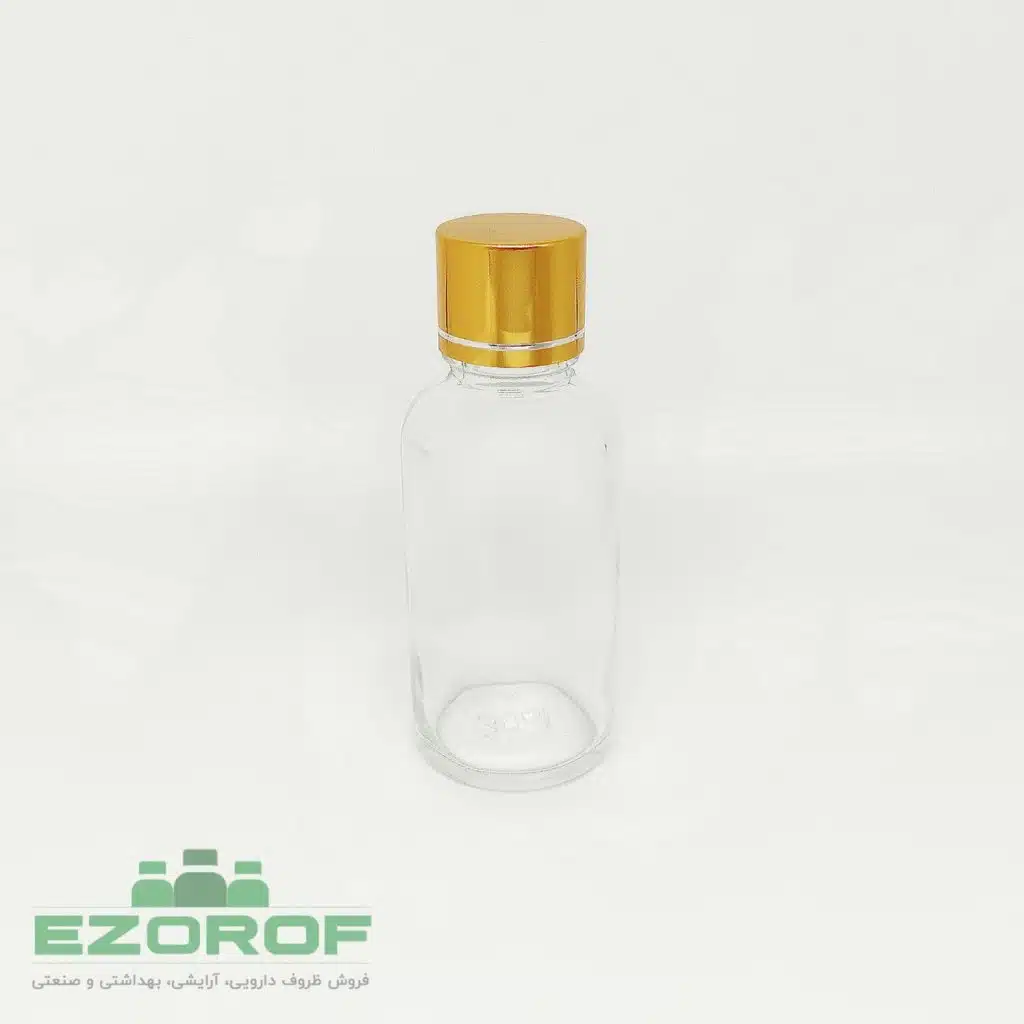 شیشه ۵۰ میل شفاف با درب ۱۸ طلایی خط دار