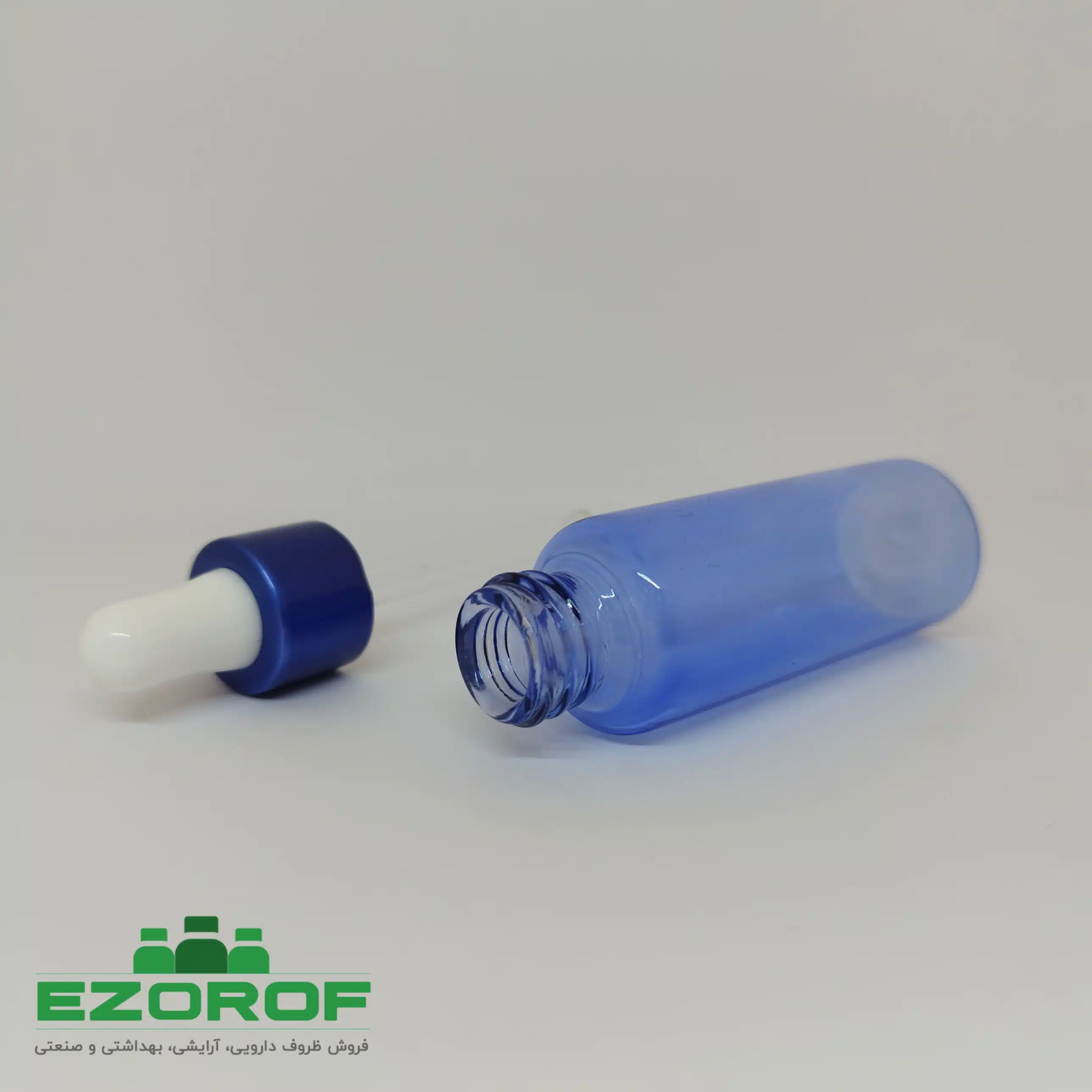 شیشه ویال ۲۰ میل آبی وارداتی با قطره چکان آبی سفید و میله - Image 3