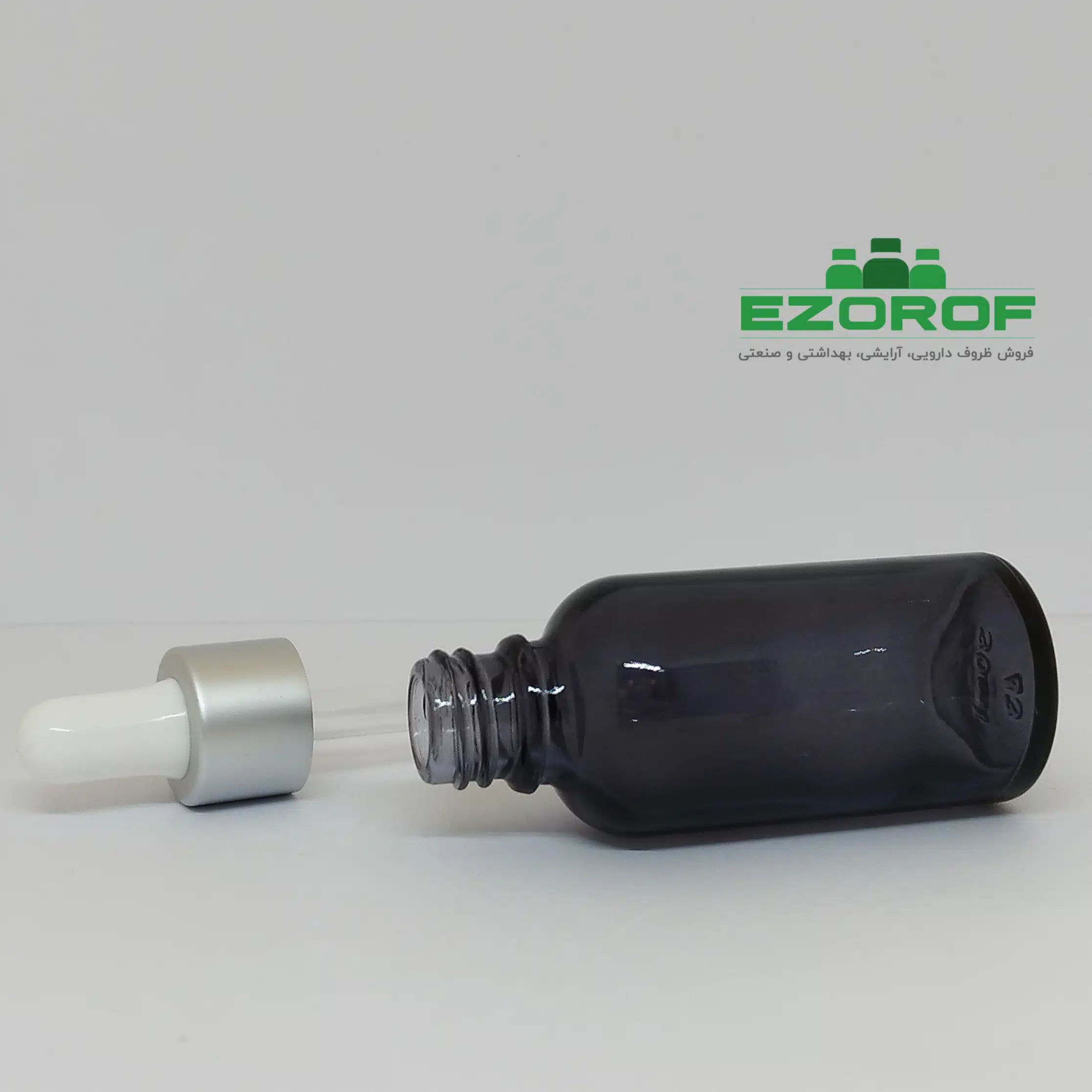 شیشه قطره ۳۰ میل دودی با قطره چکان سفید نقره ای مات و میله - Image 3