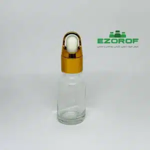 شیشه قطره 18 میل شفاف با قطره چکان قلابدار طلایی